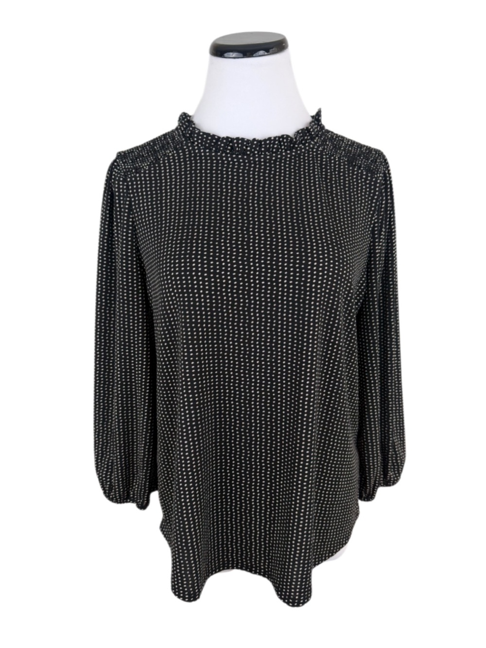 Adrianna Papell Polka Dot Ruffle Mock Neck Top Long Sleeve Black Tan Size Medium